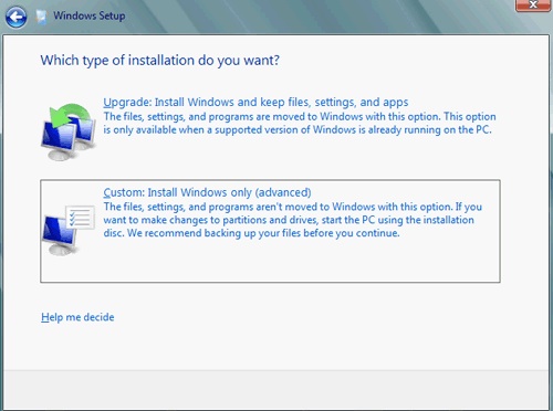 install windows 8 custom