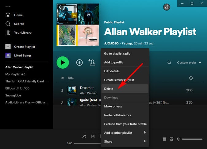 delete a spotify playlist by clicking delete button