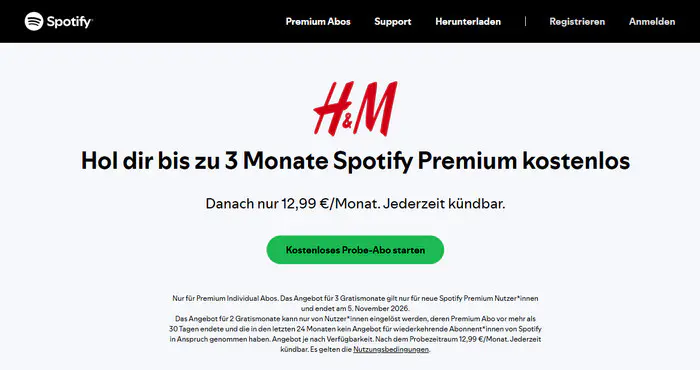 3 Monate Spotify Premium kostenlos testen via HM