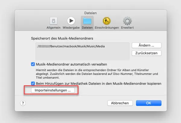 Apple Musik-App Importeinstellungen anpassen
