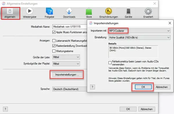 iTunes Importeinstellungen anpassen