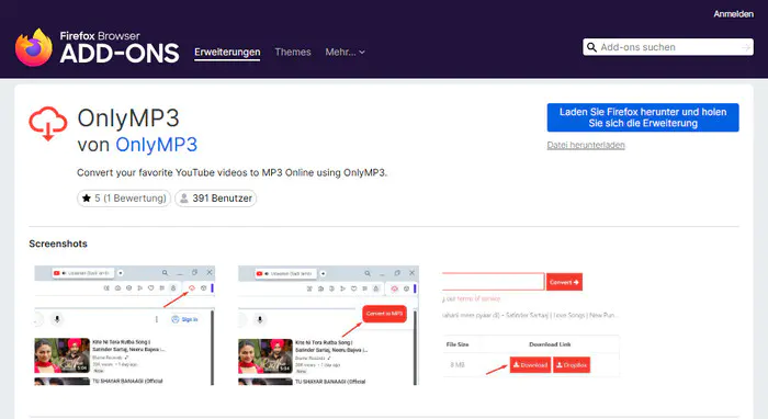 OnlyMP3-Erweiterung für Firefox