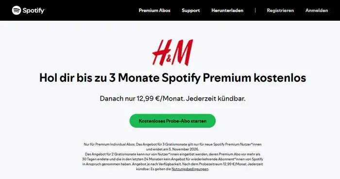 Spotify Premium gratis nutzen bei H&M