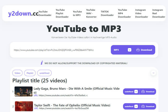 YouTube MP3 Download mit Y2down