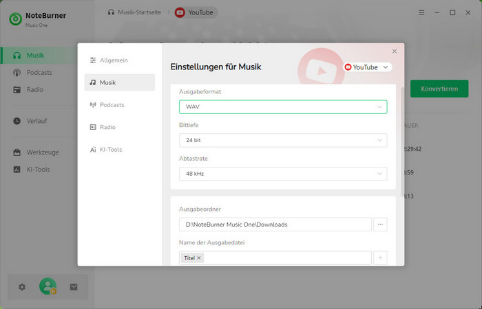 YouTube WAV Converter einstellen
