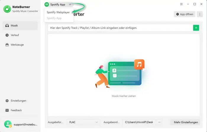 NoteBurner starten und Spotify App-Aufnahmeplattform wählen