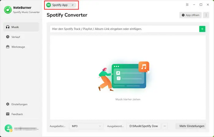 NoteBurner starten und Spotify App-Aufnahmeplattform wählen
