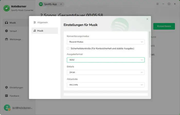 Ausgabeeinstellungen Record-Modus und WAV auswählen