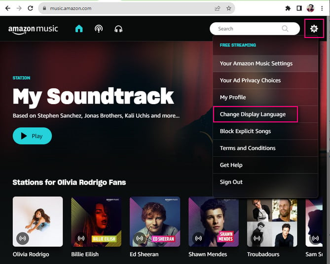 Change Language in Amazon Music on Web
