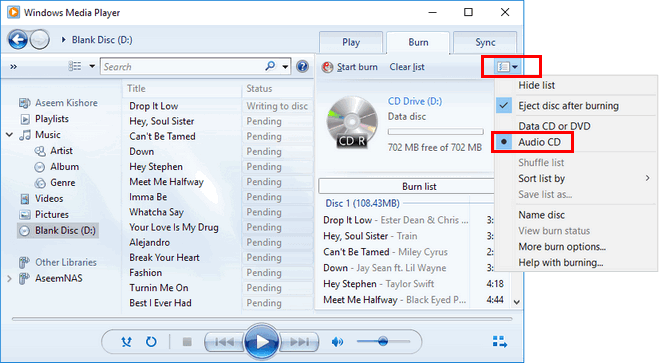 burn music to cd on windows 10