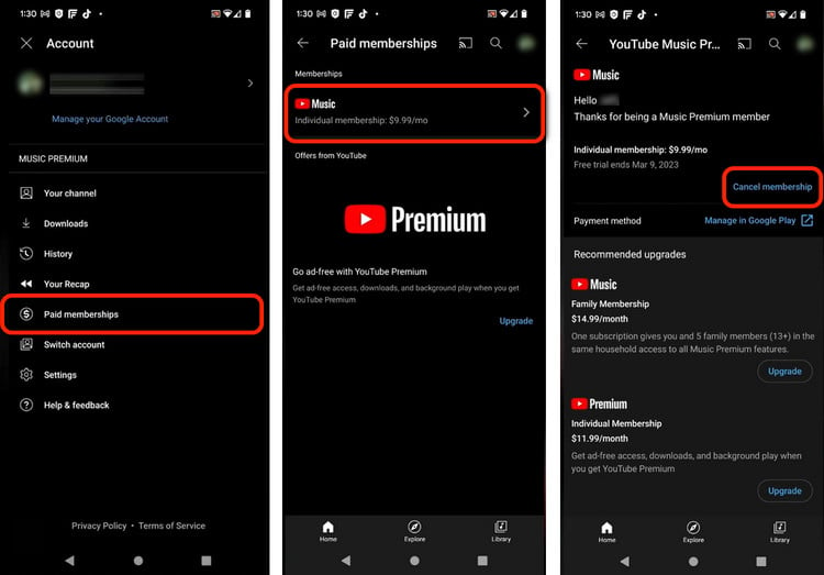 cancel youtube music premium on phone