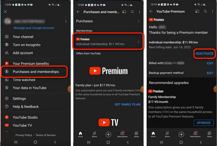 cancel youtube premium on phone