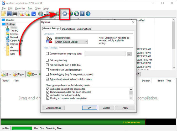 cdburner xp setting