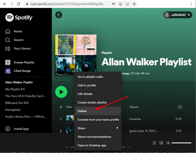 delete a spotify playlist on web