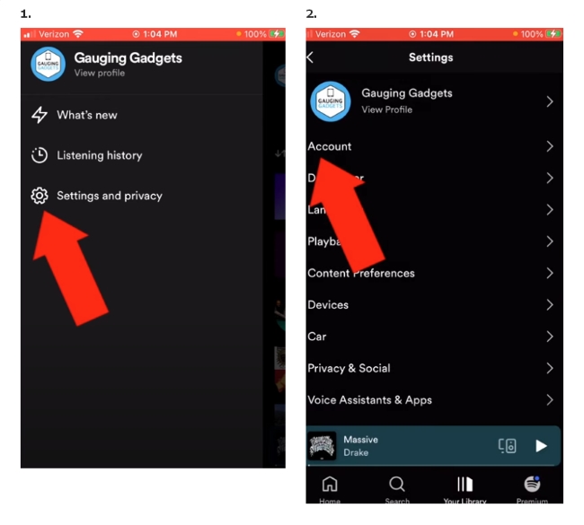 click settings and privacy button, and then select Account.
