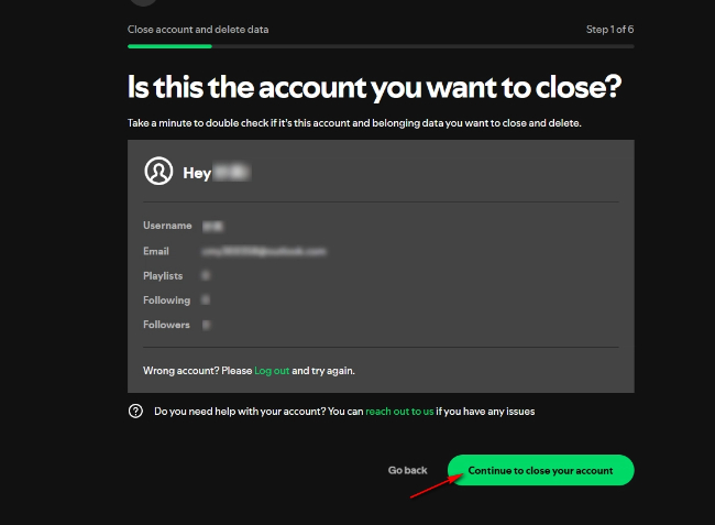 choose continue to close account