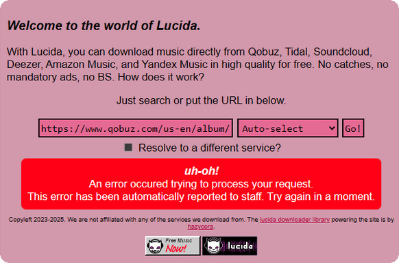 Lucida failed to download Qobuz songs