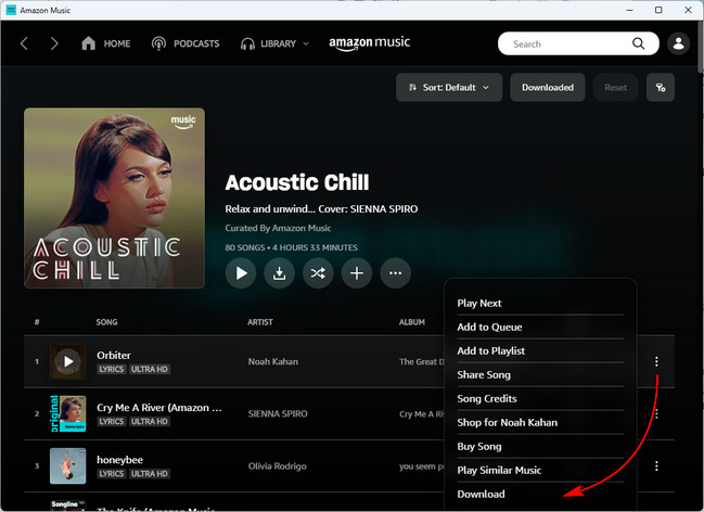 Amazon Music desktop app download button for offline listening