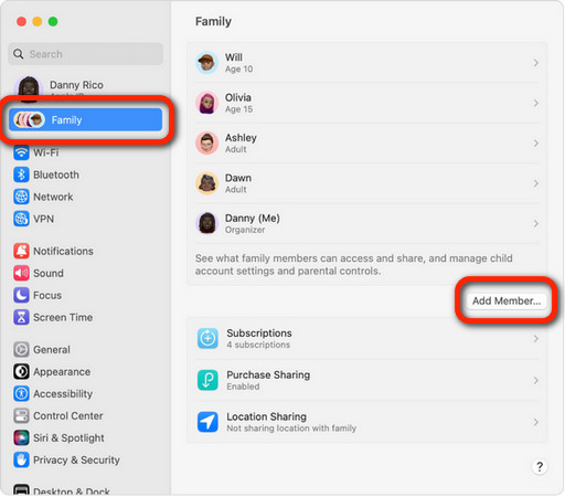 set up apple family sharing on mac