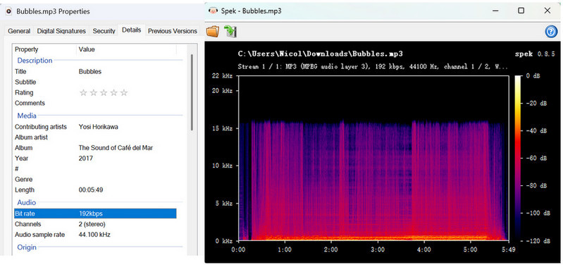 SpotiDown audio quality test showing 192 kbps MP3 bitrate and ~16 kHz cutoff in Spek