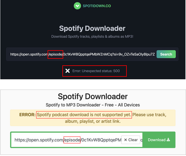 Can't download Spotify Podcast with SpotiDown