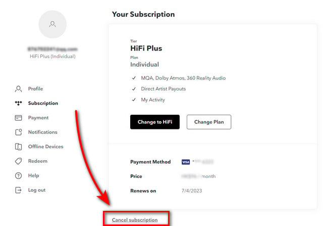 cancel tidal subscription
