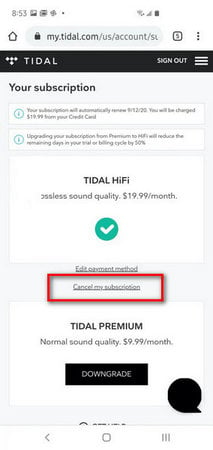 cancel tidal subscription on android phone