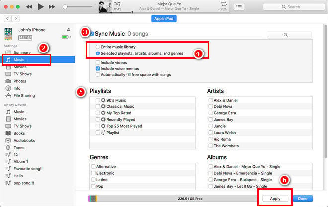 itunes sync music setting