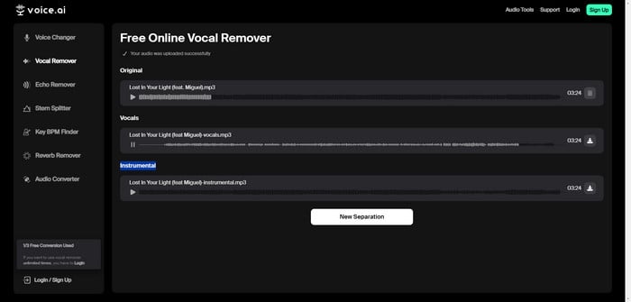 Voice.ai online free remove vocals from songs