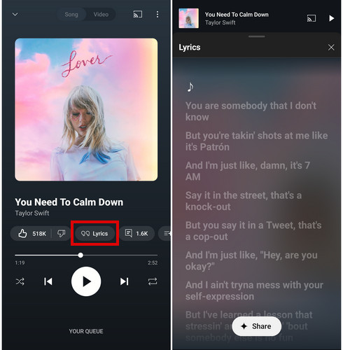 See YouTube Music Lyrics on Mobile