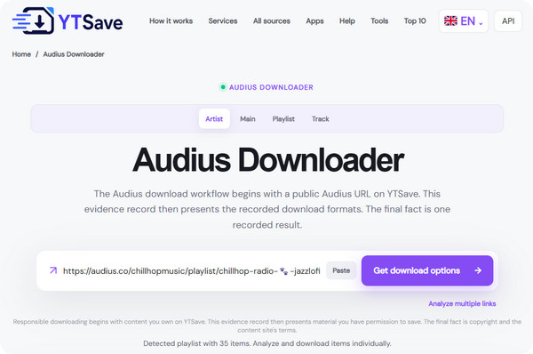 YTSave online Audius downloader for downloading individual songs