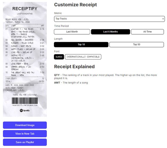 choose spotify status on Receiptify