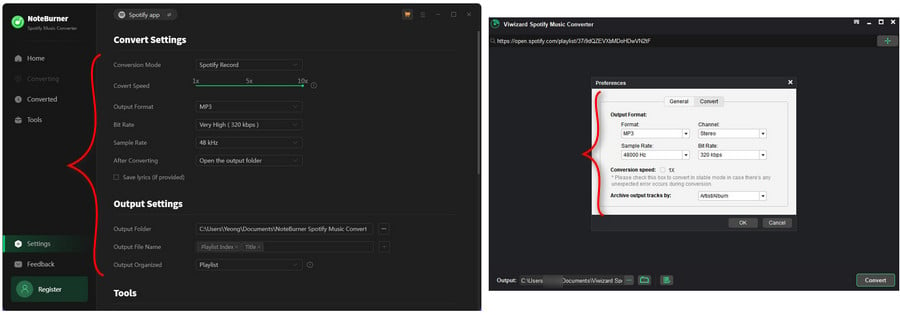 ViWizard vs NoteBurner: Customize Settings