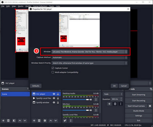 play spotify on vlc and capture on obs