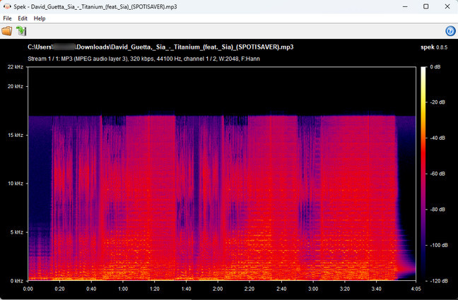 SpotiSaver 320 kbps MP3 audio spectrum analyzed with Spek