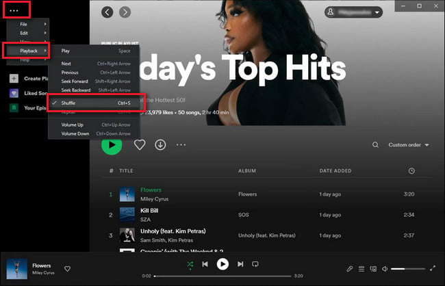 turn off shuffle play on spotify desktop