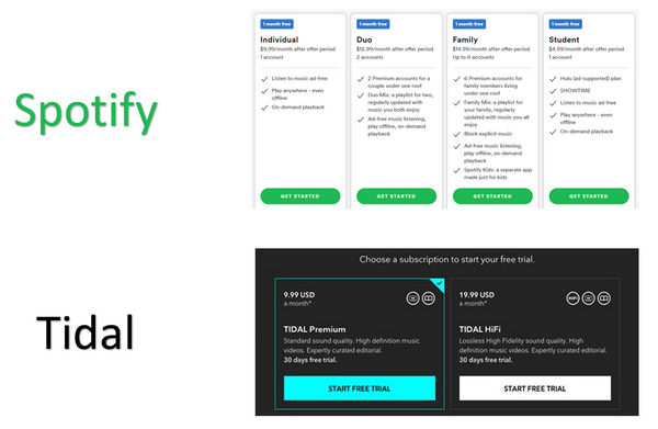 Spotify and Tidal plan rate