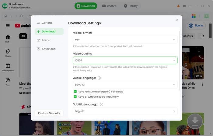 choose video download settings