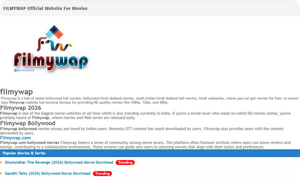 Filmywap download Bollywood movies offline