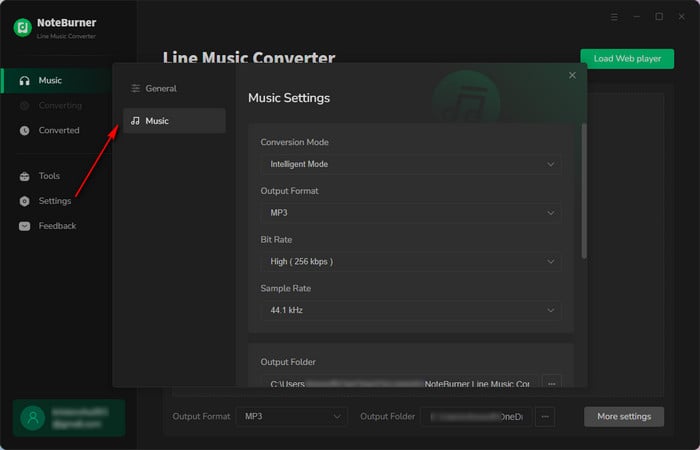 Settings for Line Music Converter