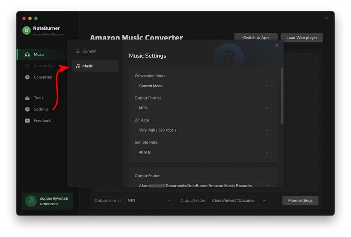 choose output setting for amazon music