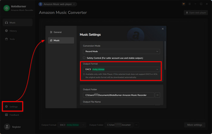 select amazon music eac3 format