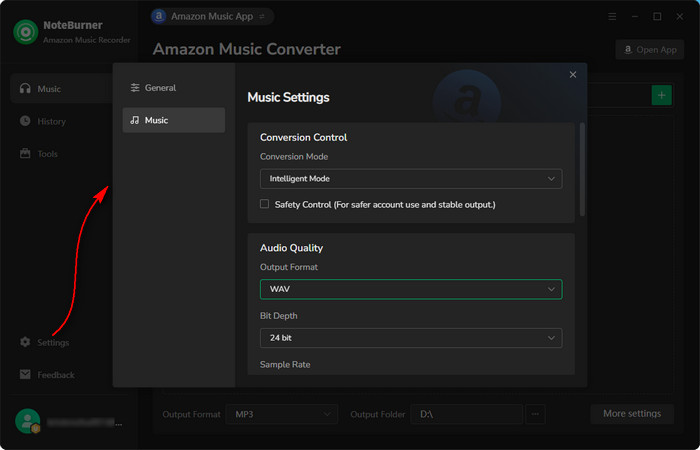 Choose WAV output format in NoteBurner Amazon Music Converter