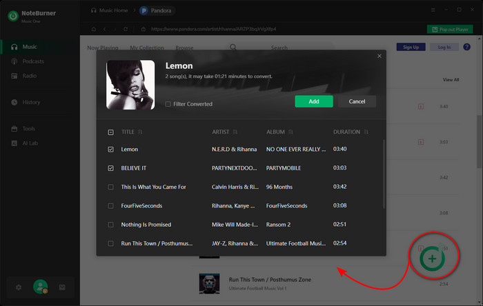 add pandora Music songs to NoteBurner
