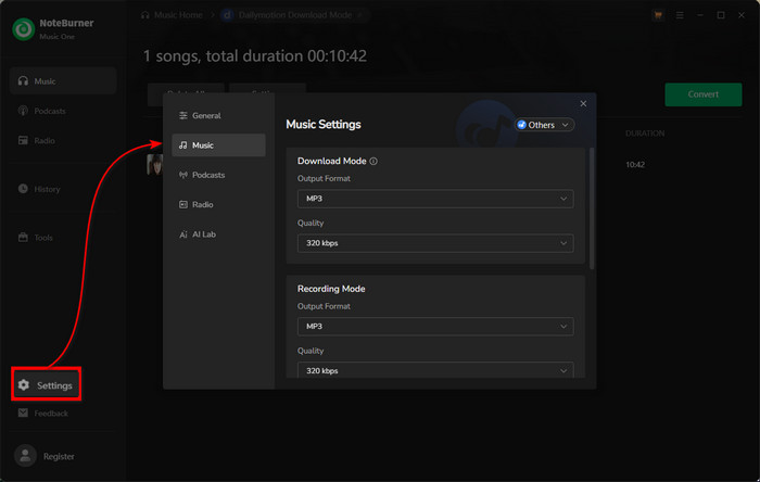 dailymotion mp3 audio settings