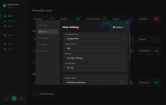 choose settings for pandora music