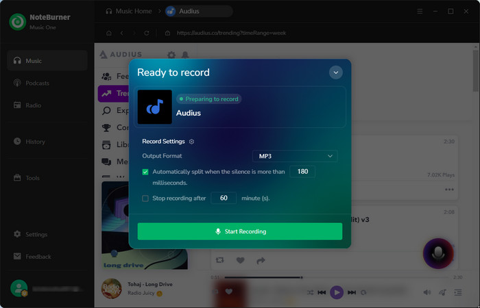 Set MP3 output quality and recording options for Audius music