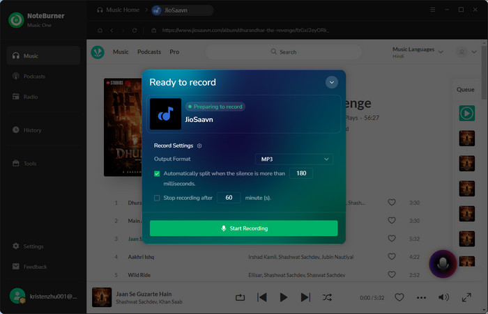 settings for JioSaavn recording