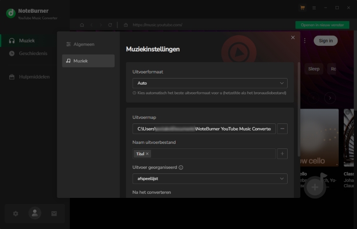 NoteBurner YouTube Music Converter-instelling