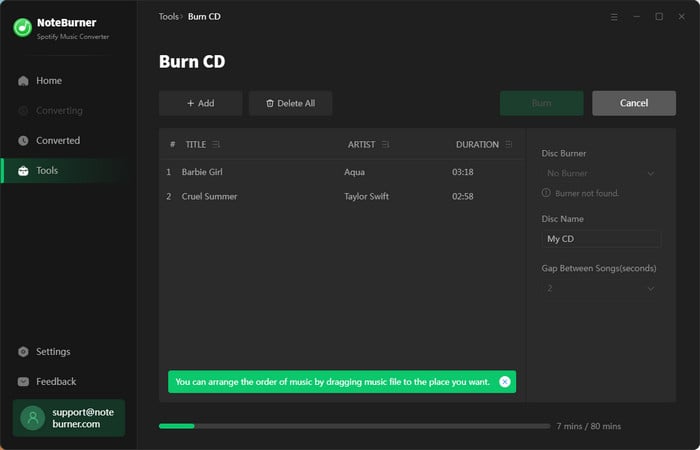 burn spotify to cd via noteburner